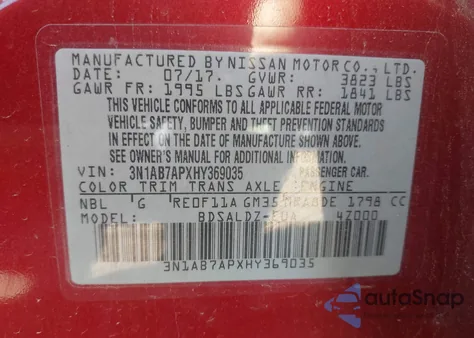 2017 Nissan Sentra Sv из США, поврежденный, VIN 3N1AB7APXHY369035